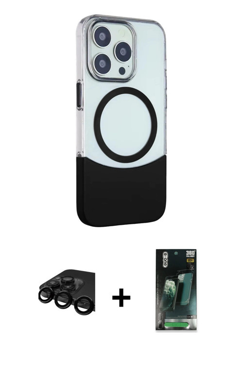 iPhone 15 Pro Max Kılıf Çekirdek Asil Özel Seri - Şeffaf 360 Full Body Arka Koruyucu + Siyah Ra