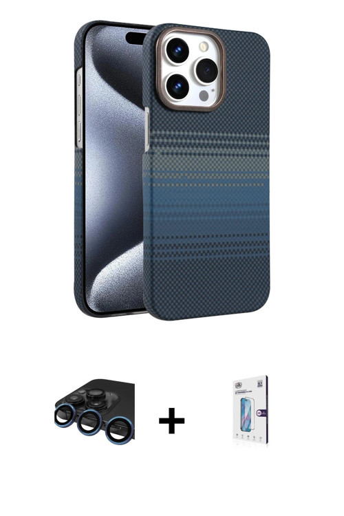 iPhone 15 Pro Max Kılıf Doruk Serisi - Siyah Bilvis 0.18mm Plus Cam Ekran Koruyucu + Lacivert R