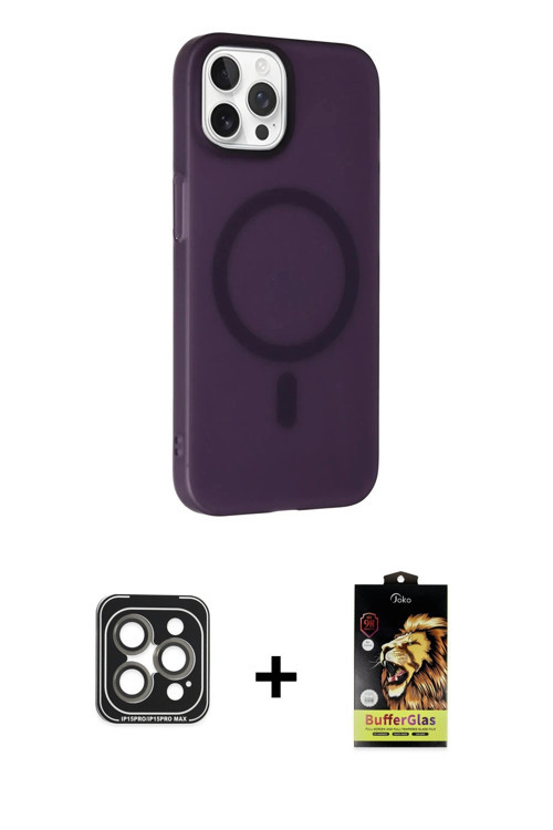 iPhone 15 Pro Max Kılıf Çekirdek Modern Prime - Siyah Buffer Cam Ekran Koruyucu + Gri PVD Metal