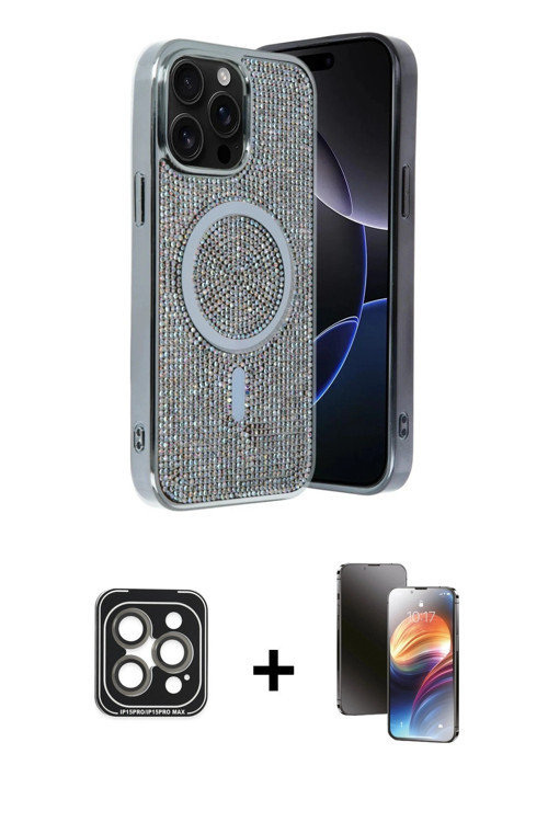 iPhone 15 Pro Max Kılıf Eksen Çizgi - Siyah 3D Antistatik Mat Seramik Nano Ekran Koruyucu + Gri