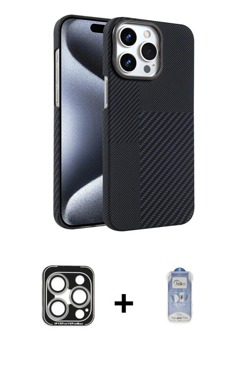 iPhone 15 Pro Max Kılıf Doruk Serisi - Siyah Joko Magic 5D Cam + Gümüş PVD Metal Kamera Lens