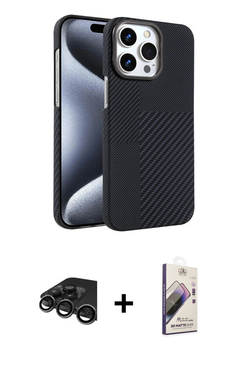 ieg™ iPhone 15 Pro Max Kılıf Doruk Serisi - Siyah Bilvis 3D Mat Cam Ekran Koruyucu + Titanyum Gri Ra