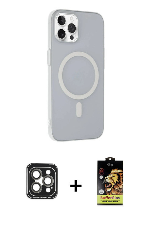 iPhone 15 Pro Max Kılıf Çekirdek Modern Prime - Siyah Buffer Cam Ekran Koruyucu + Gri PVD Metal