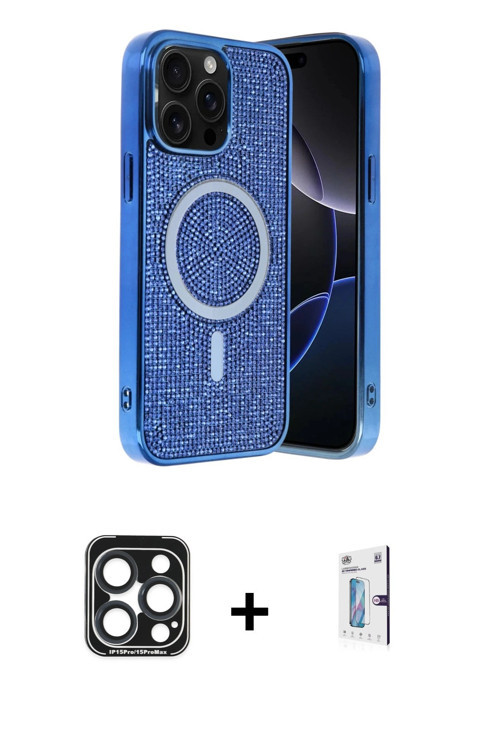 iPhone 15 Pro Max Kılıf Eksen Çizgi - Siyah Bilvis 0.18mm Plus Cam Ekran Koruyucu + Lacivert PV