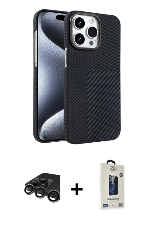 iPhone 15 Pro Max Kılıf Doruk Serisi - Siyah Bilvis Hayalet Cam Ekran Koruyucu + Titanyum Gri R