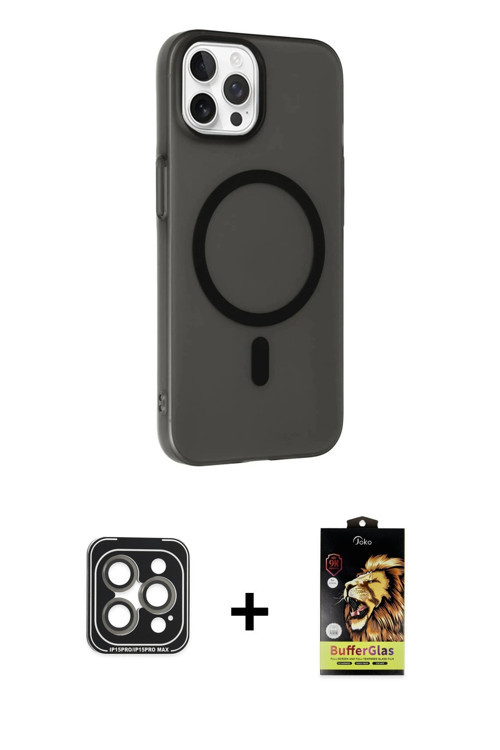 iPhone 15 Pro Max Kılıf Çekirdek Modern Prime - Siyah Buffer Cam Ekran Koruyucu + Gri PVD Metal