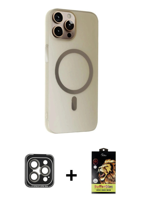 iPhone 15 Pro Max Kılıf Çekirdek Modern Prime - Siyah Buffer Cam Ekran Koruyucu + Gri PVD Metal