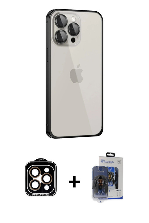 iPhone 15 Pro Max Kılıf Eksen Form Serisi - Siyah Vanessa Magic Cam + Turuncu PVD Metal Kamera