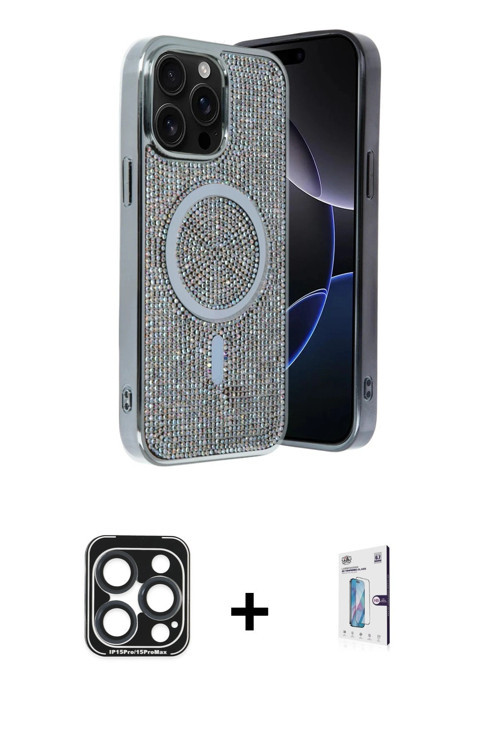 iPhone 15 Pro Max Kılıf Eksen Çizgi - Siyah Bilvis 0.18mm Plus Cam Ekran Koruyucu + Lacivert PV