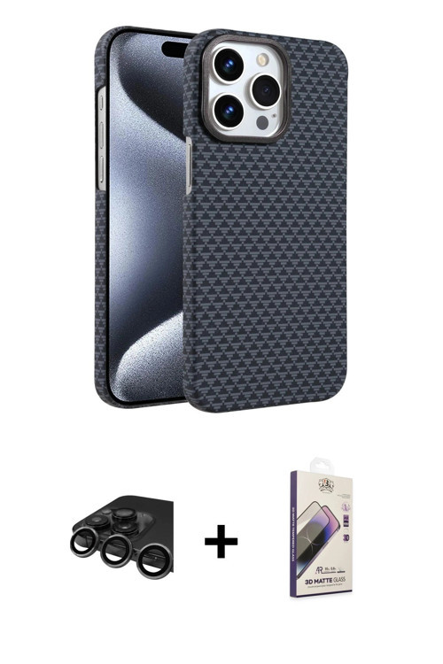 ieg™ iPhone 15 Pro Max Kılıf Doruk Serisi - Siyah Bilvis 3D Mat Cam Ekran Koruyucu + Titanyum Gri Ra