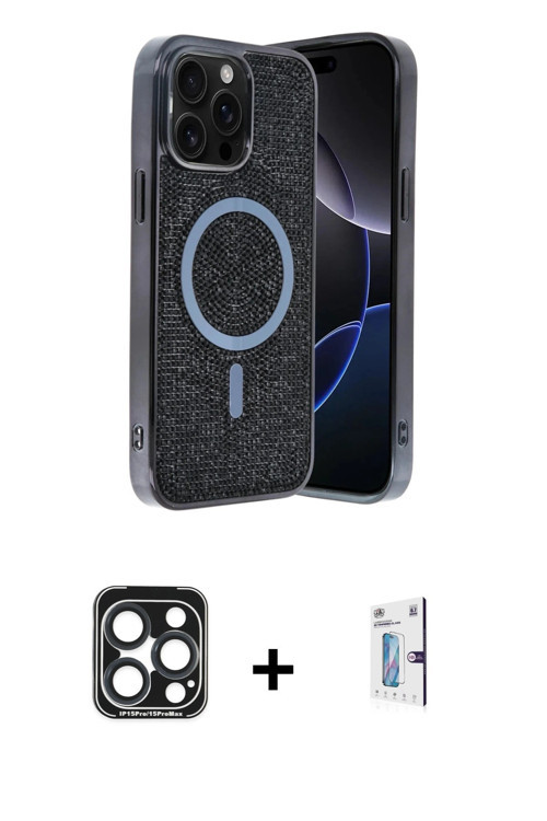 iPhone 15 Pro Max Kılıf Eksen Çizgi - Siyah Bilvis 0.18mm Plus Cam Ekran Koruyucu + Lacivert PV
