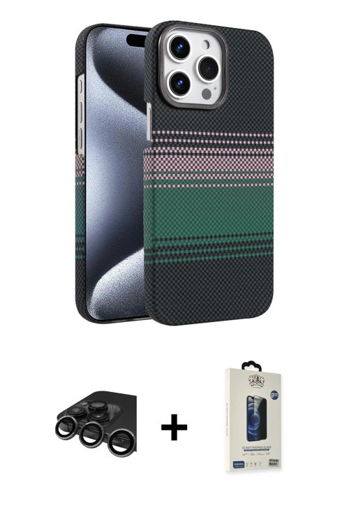 iPhone 15 Pro Max Kılıf Doruk Serisi - Siyah Bilvis Hayalet Cam Ekran Koruyucu + Titanyum Gri R