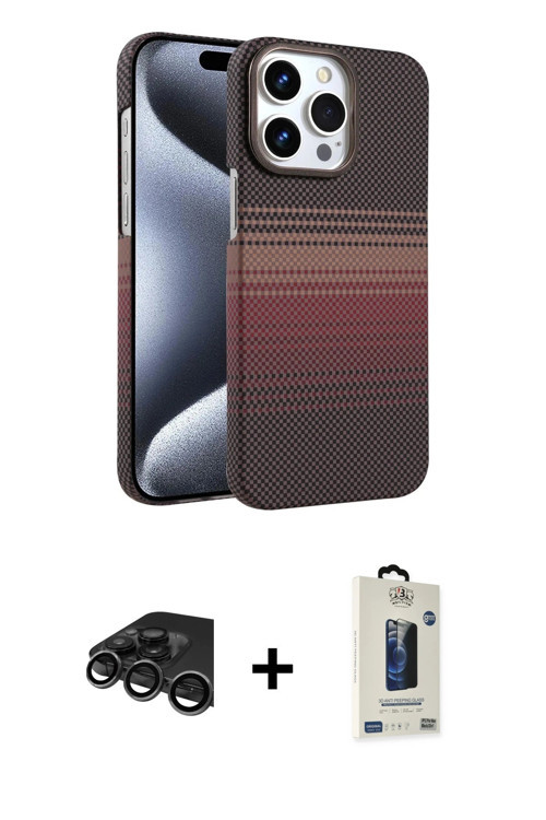 iPhone 15 Pro Max Kılıf Doruk Serisi - Siyah Bilvis Hayalet Cam Ekran Koruyucu + Titanyum Gri R