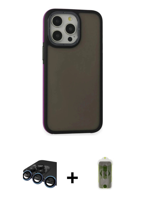 iPhone 15 Pro Max Kılıf Eksen Işık - Siyah Joko Magic 5D Hayalet Cam + Lacivert Raze Metal Kame