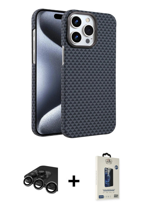 iPhone 15 Pro Max Kılıf Doruk Serisi - Siyah Bilvis Hayalet Cam Ekran Koruyucu + Titanyum Gri R