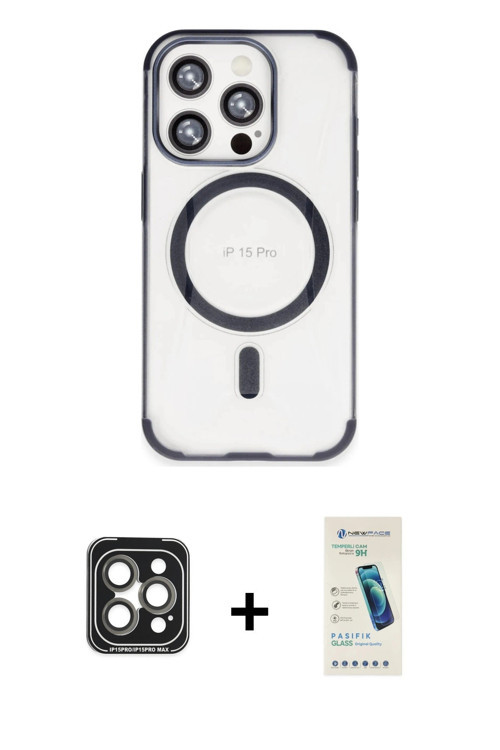 iPhone 15 Pro Max Kılıf Eksen Klasik Koleksiyonu - Şeffaf Pasifik Cam Ekran Koruyucu + Gri PVD