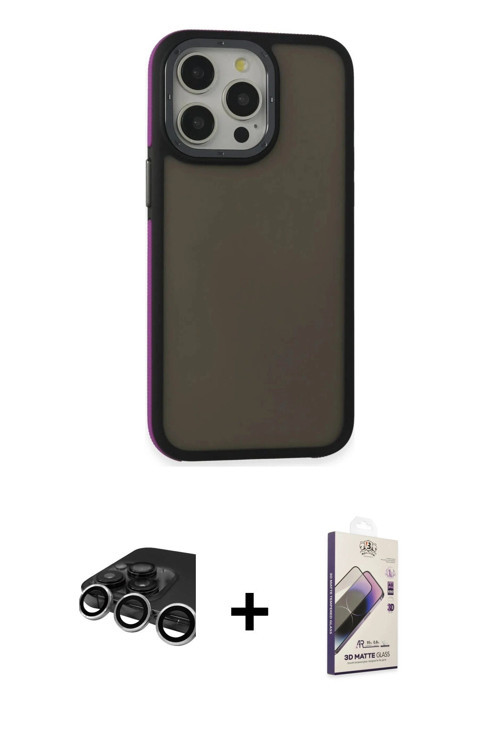 iPhone 15 Pro Max Kılıf Eksen Işık - Siyah Bilvis 3D Mat Cam Ekran Koruyucu + Gümüş Raze Metal