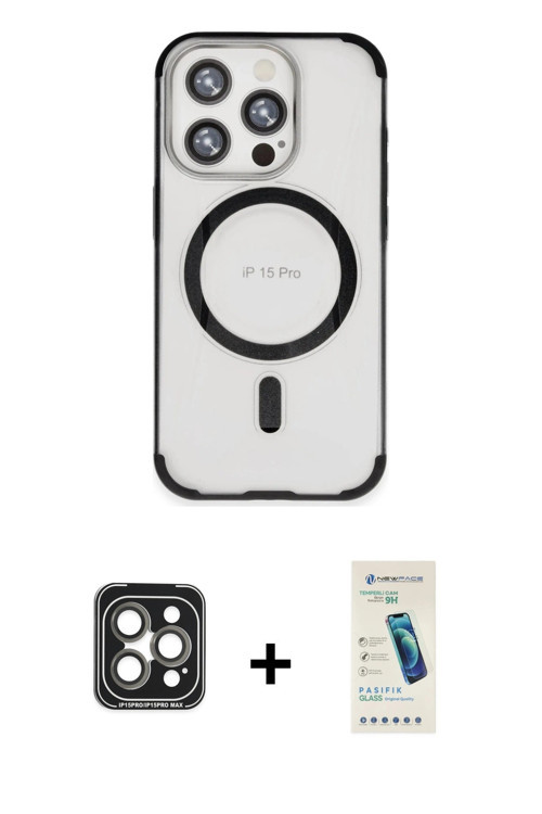 iPhone 15 Pro Max Kılıf Eksen Klasik Koleksiyonu - Şeffaf Pasifik Cam Ekran Koruyucu + Gri PVD