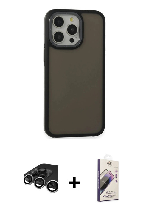 iPhone 15 Pro Max Kılıf Eksen Işık - Siyah Bilvis 3D Mat Cam Ekran Koruyucu + Gümüş Raze Metal