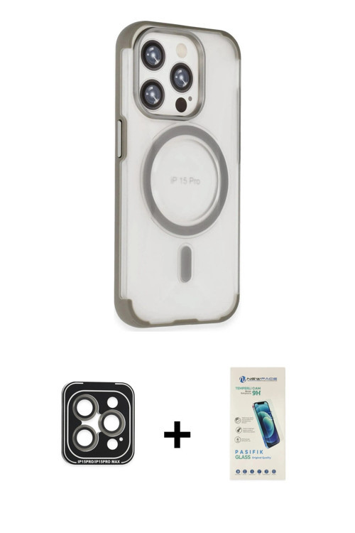 iPhone 15 Pro Max Kılıf Eksen Klasik Koleksiyonu - Şeffaf Pasifik Cam Ekran Koruyucu + Gri PVD