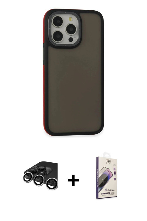 iPhone 15 Pro Max Kılıf Eksen Işık - Siyah Bilvis 3D Mat Cam Ekran Koruyucu + Gümüş Raze Metal