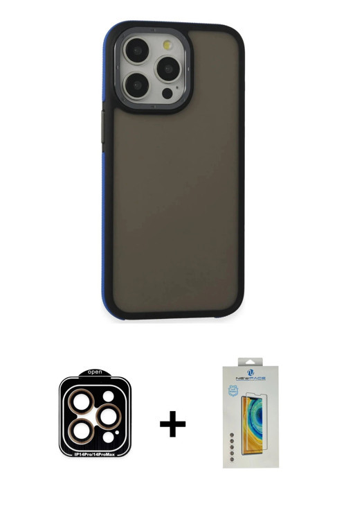 iPhone 15 Pro Max Kılıf Eksen Işık - Siyah Polymer Nano Ekran Koruyucu + Turuncu PVD Metal Kame