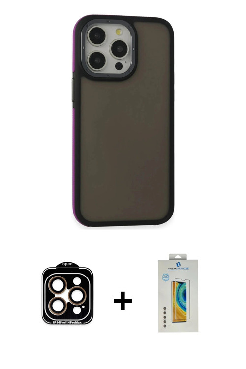 iPhone 15 Pro Max Kılıf Eksen Işık - Siyah Polymer Nano Ekran Koruyucu + Turuncu PVD Metal Kame