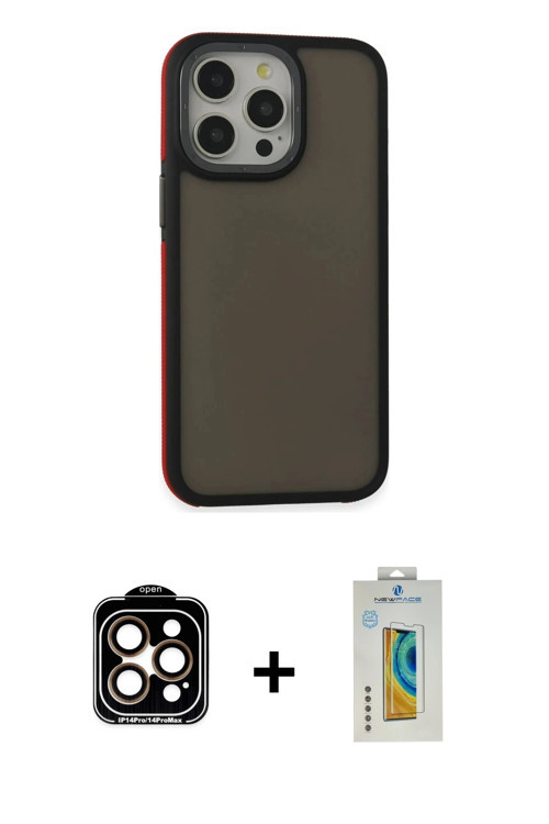 iPhone 15 Pro Max Kılıf Eksen Işık - Siyah Polymer Nano Ekran Koruyucu + Turuncu PVD Metal Kame