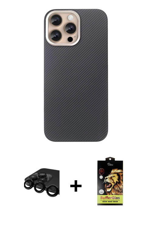iPhone 15 Pro Max Kılıf Eksen Prime - Siyah Buffer Cam Ekran Koruyucu + Siyah Raze Metal Kamera