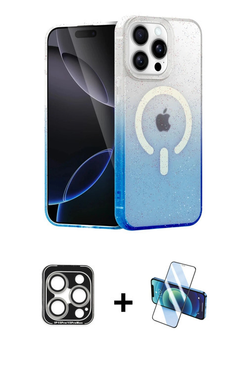 iPhone 15 Pro Max Kılıf Eksen Minimal Özel Seri - Siyah 3D Antistatik Cam Ekran Koruyucu + Gümü