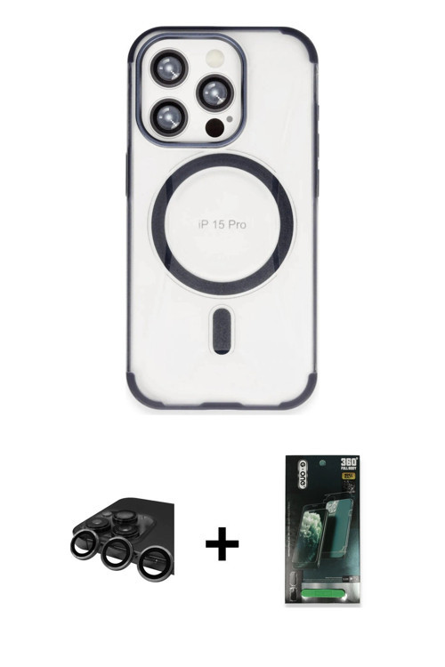 iPhone 15 Pro Max Kılıf Eksen Klasik Koleksiyonu - Siyah 360 Mat Full Body Arka Koruyucu + Tita