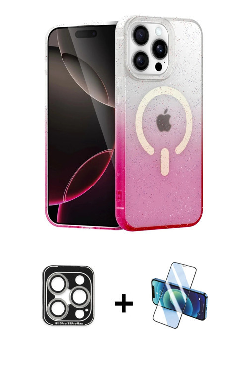 iPhone 15 Pro Max Kılıf Eksen Minimal Özel Seri - Siyah 3D Antistatik Cam Ekran Koruyucu + Gümü