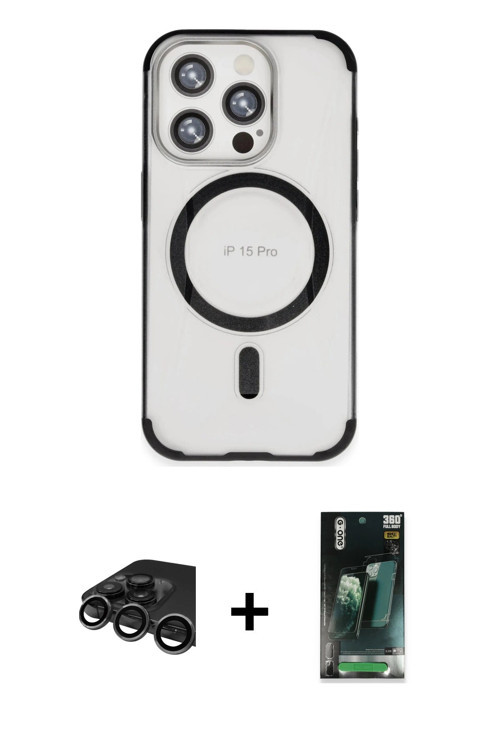 iPhone 15 Pro Max Kılıf Eksen Klasik Koleksiyonu - Siyah 360 Mat Full Body Arka Koruyucu + Tita