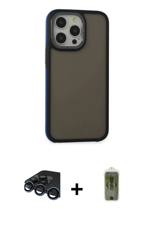 iPhone 15 Pro Max Kılıf Eksen Işık - Siyah Joko Magic 5D Hayalet Cam + Lacivert Raze Metal Kame