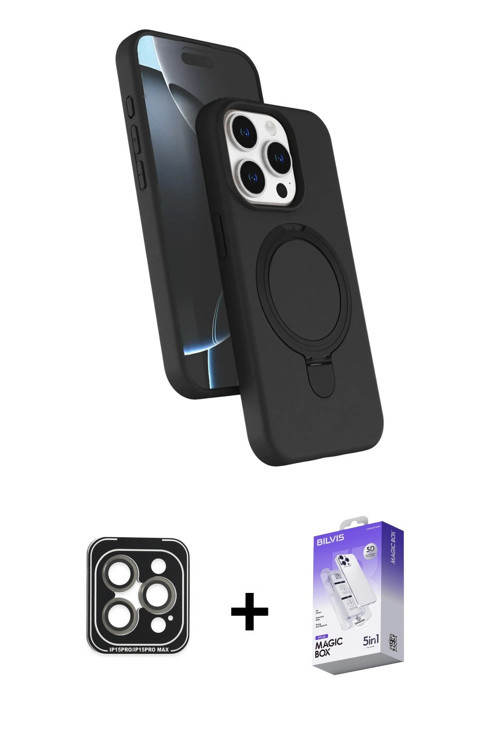 iPhone 15 Pro Max Kılıf İz Işık Koleksiyonu - Siyah Bilvis 5in1 3D Magic Cam Ekran Koruyucu + G