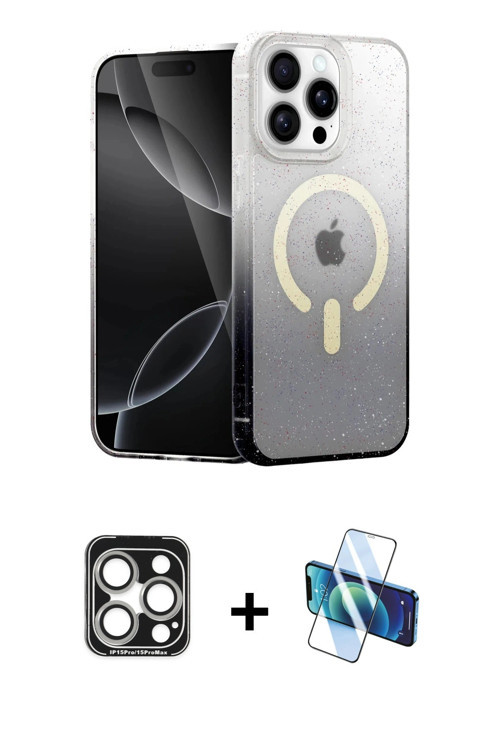 iPhone 15 Pro Max Kılıf Eksen Minimal Özel Seri - Siyah 3D Antistatik Cam Ekran Koruyucu + Gümü