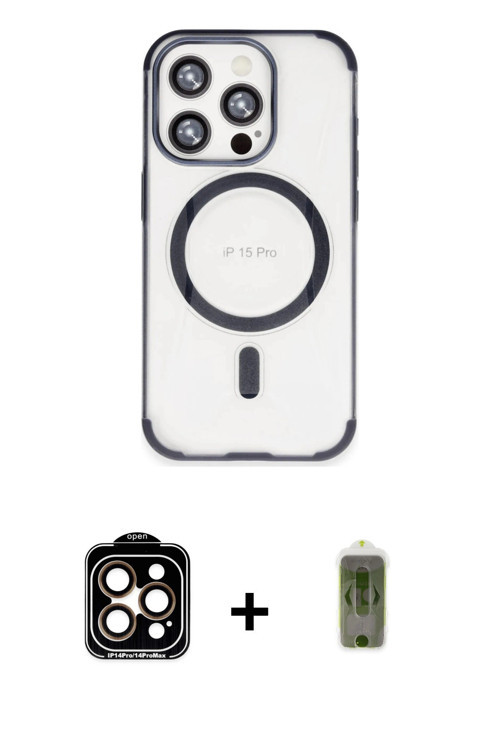 iPhone 15 Pro Max Kılıf Eksen Klasik Koleksiyonu - Siyah Joko Magic 5D Hayalet Cam + Turuncu PV