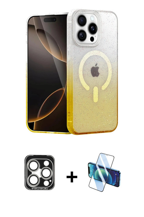 iPhone 15 Pro Max Kılıf Eksen Minimal Özel Seri - Siyah 3D Antistatik Cam Ekran Koruyucu + Gümü