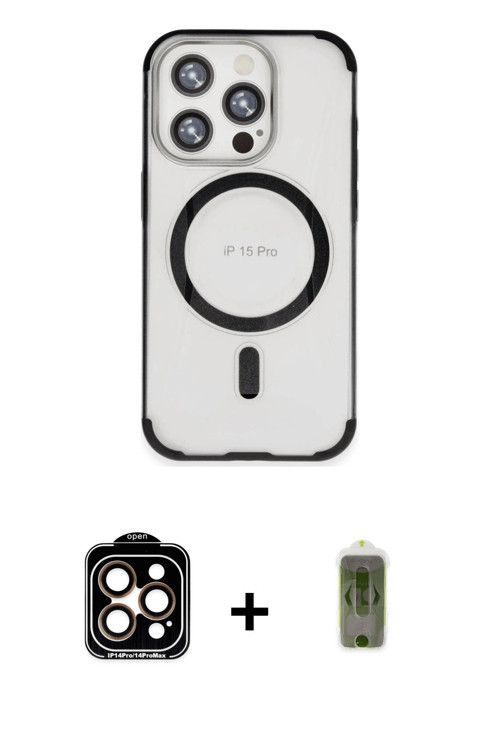 iPhone 15 Pro Max Kılıf Eksen Klasik Koleksiyonu - Siyah Joko Magic 5D Hayalet Cam + Turuncu PV