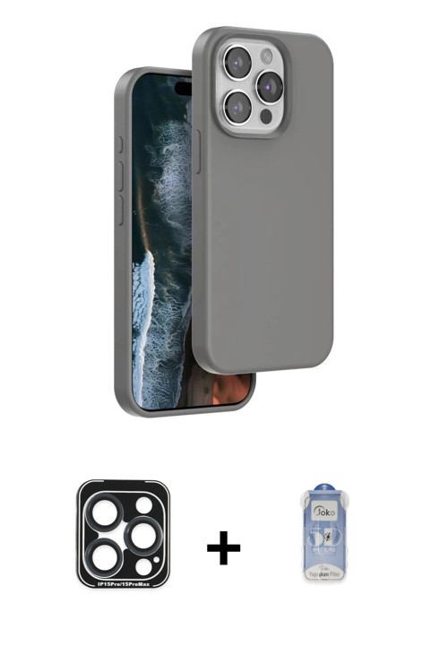 iPhone 15 Pro Max Kılıf Kıvılcım Çizgi Serisi - Siyah Joko Magic 5D Cam + Lacivert PVD Metal Ka
