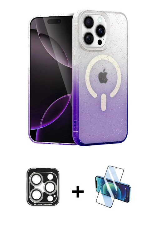iPhone 15 Pro Max Kılıf Eksen Minimal Özel Seri - Siyah 3D Antistatik Cam Ekran Koruyucu + Gümü