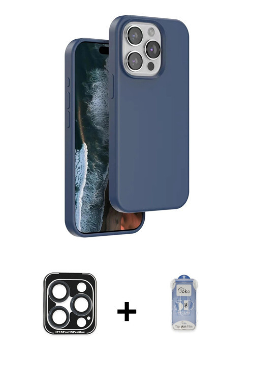 iPhone 15 Pro Max Kılıf Kıvılcım Çizgi Serisi - Siyah Joko Magic 5D Cam + Lacivert PVD Metal Ka