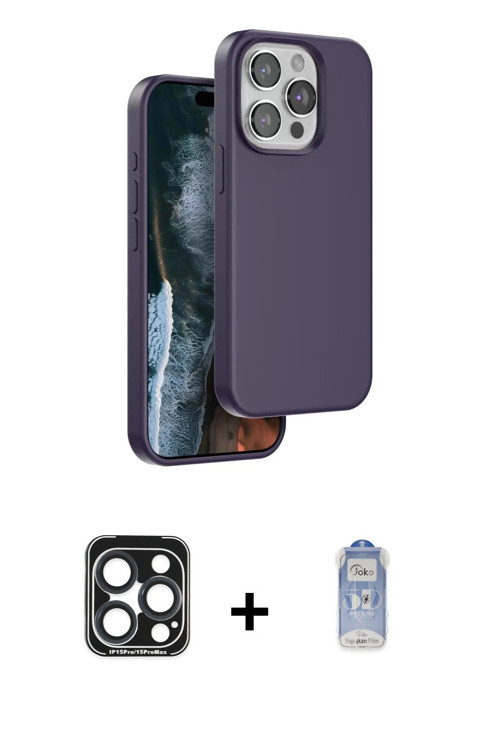 iPhone 15 Pro Max Kılıf Kıvılcım Çizgi Serisi - Siyah Joko Magic 5D Cam + Lacivert PVD Metal Ka
