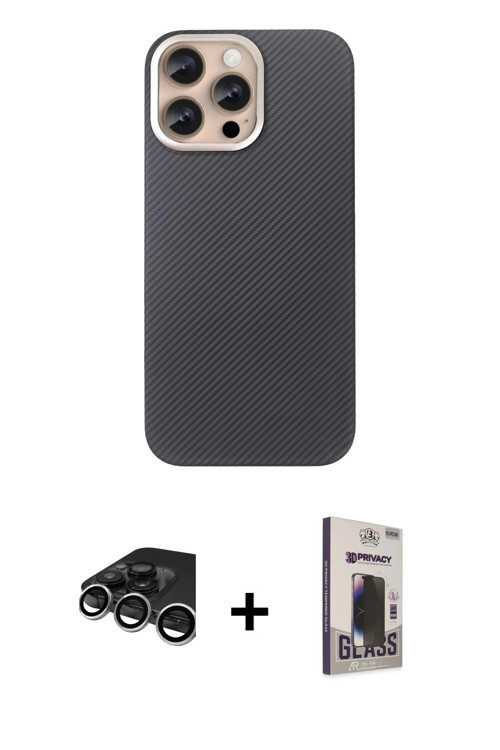 iPhone 15 Pro Max Kılıf Eksen Prime - Siyah Bilvis Hayalet Cam Ekran Koruyucu + Gümüş Raze Meta