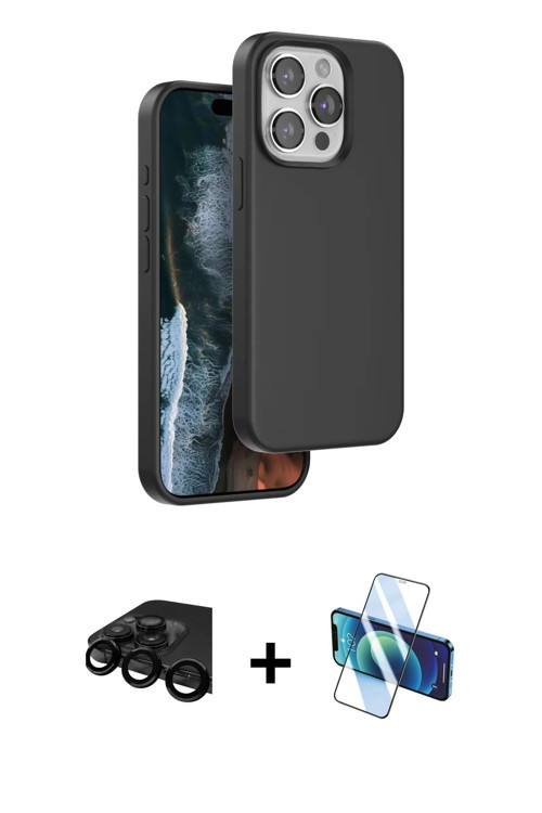 iPhone 15 Pro Max Kılıf Kıvılcım Çizgi Serisi - Siyah 3D Antistatik Cam Ekran Koruyucu + Siyah
