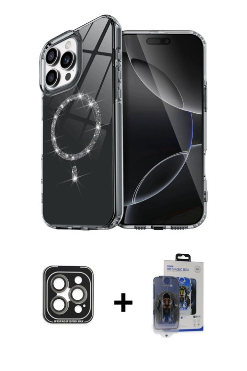 iPhone 15 Pro Max Kılıf Kıvılcım Form Prime - Siyah Vanessa Magic Cam + Gri PVD Metal Kamera Le