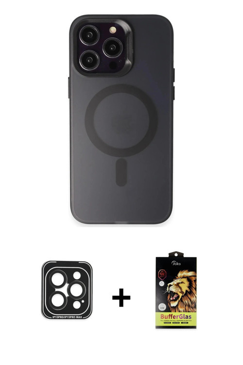 iPhone 15 Pro Max Kılıf Kozmos Çizgi Prime - Siyah Buffer Cam Ekran Koruyucu + Siyah PVD Metal