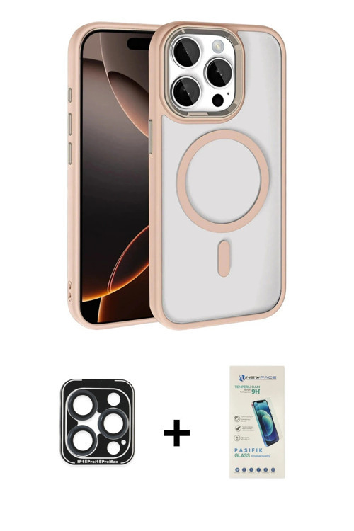 iPhone 15 Pro Max Kılıf Kıvılcım Prime - Şeffaf Pasifik Cam Ekran Koruyucu + Lacivert PVD Metal