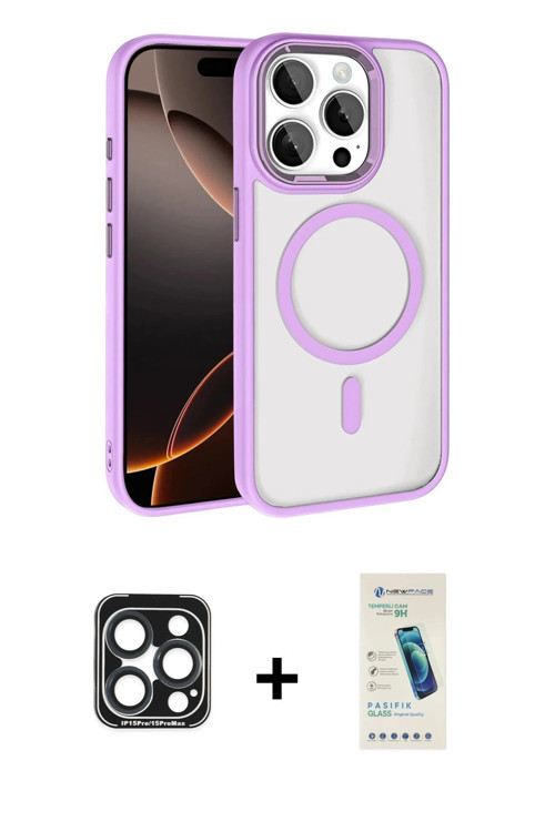 iPhone 15 Pro Max Kılıf Kıvılcım Prime - Şeffaf Pasifik Cam Ekran Koruyucu + Lacivert PVD Metal