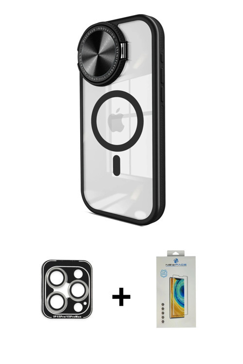 iPhone 15 Pro Max Kılıf Kıvılcım Modern Koleksiyonu - Siyah Polymer Nano Ekran Koruyucu + Gümüş